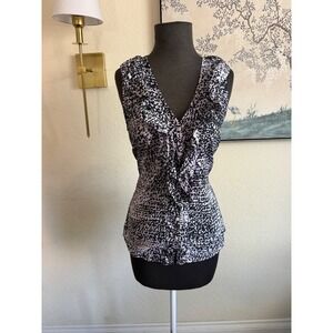 Ann Taylor Black Lavender Dot Print Ruffle V-Neck Sleeveless Blouse Size 6